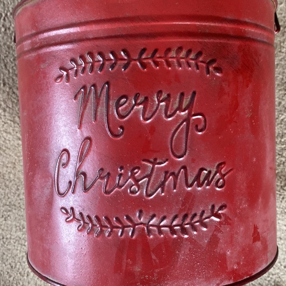 Country Red Merry Christmas Bucket with Wood Handle - Picture 2 of 5